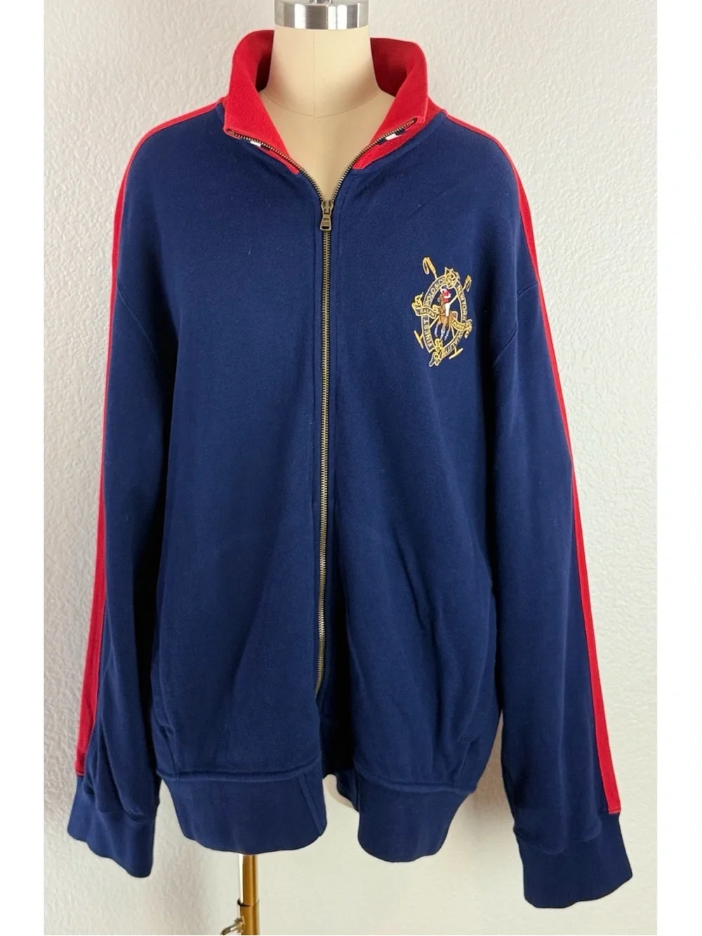 Polo Ralph Lauren Vintage Men's Bomber Sweater Jacket w/ Gold Crest Blue/Red, XL